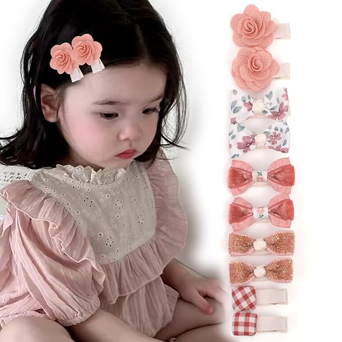 Baby Girls Hair Bow Clips, 10pcs Boutique Cotton Fully Lined Hair Pins, Non Slip Baby Barrettes Accessories for Infants Toddlers Fine Hair by BIANHUAN (Set-A)