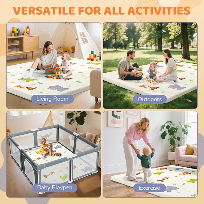 Omzer Baby Play Mat for Floor - 1.3" Thick Foam 65x50 Inch Playpen Mats with Removable & Washable Cover for Tummy Time, Soft Coral Velvet & Non-Slip Crawling Pad for Babies, Toddlers, Infants - Beige