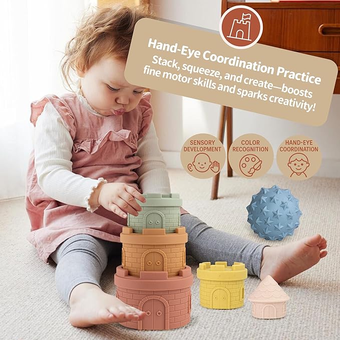 Baby Stacking Cups & Sensory Ball Set, Textured Sensory Toys for Babies, Soft Castle Nesting Blocks, Newborn Teether & Bath Toys 6-12 Months, 8 PCS Montessori Learning Gifts for Toddlers 1-3