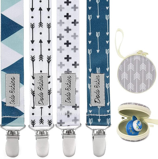 Dodo Babies Pacifier Clip Set - Universal Holder & Pacifier Holder - Detachable Binky Case & Binky Clip - Durable Polyester Straps - 5-Piece Set, Blue/White/Grey Geo Prints