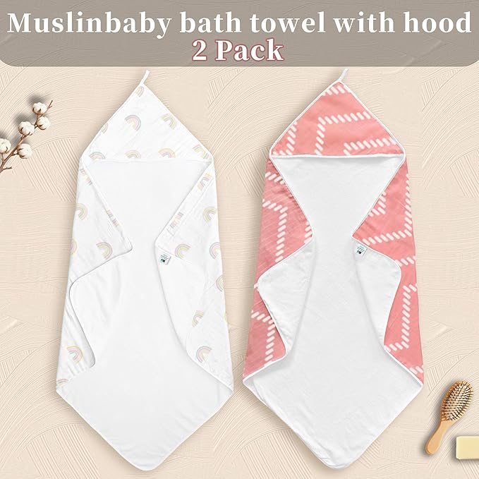 VOOVA & MOVAS 2Pack Hooded Baby Towels - 100% Muslin Cotton,450GSM, 32x32 Inches,0-24Months, Super Absorbent Large Bath Towel with Hood for Newborn,Toddler,Infant, Pink Geometry & Rainbow Patten