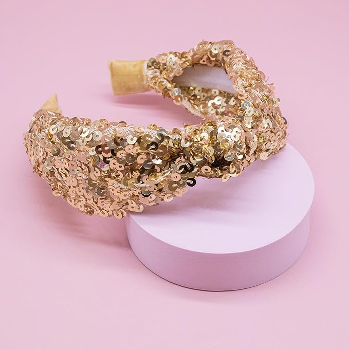 FROG SAC Sequin Knot Headband for Girls - Gold Knotted Head Bands for Kids, Sparkly Little Girl Headbands, Cute Tween Beaded Hair Band Accessories, Easter Basket Fillers Stocking Stuffers