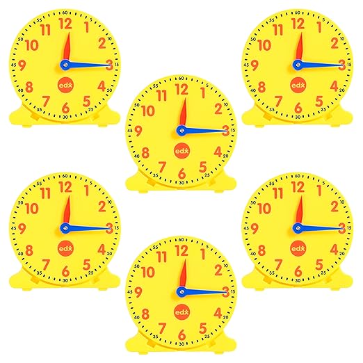 edxeducation Student Clocks | Set of 6 | Clocks for Kids Learning to Tell Time | Analog-Style with Movable Hands | Teach Children Minute and Hour Relationships