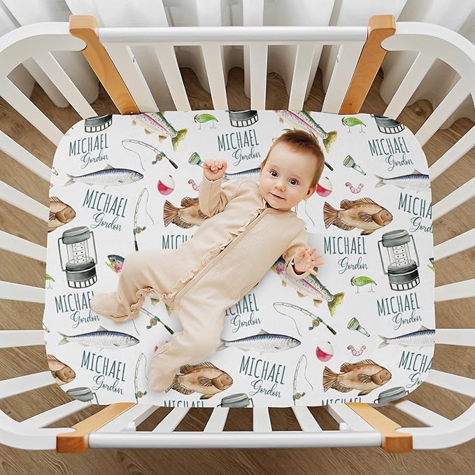 Personalized Pack and Play Sheets with Name, Custom Fishing Baby Mini Crib Sheets for Baby Boys Girls, Name Pack n Play, Fitted Sheet with Name, Soft and Breathable Material, 39x27x5 Inch