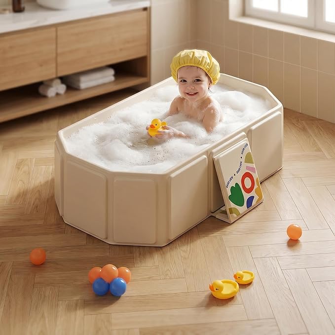 Baby Foldable Kids Bathtub for Infants to Toddler with Non-Slip Base,Easy Storage,Perfect for Small Spaces (White)