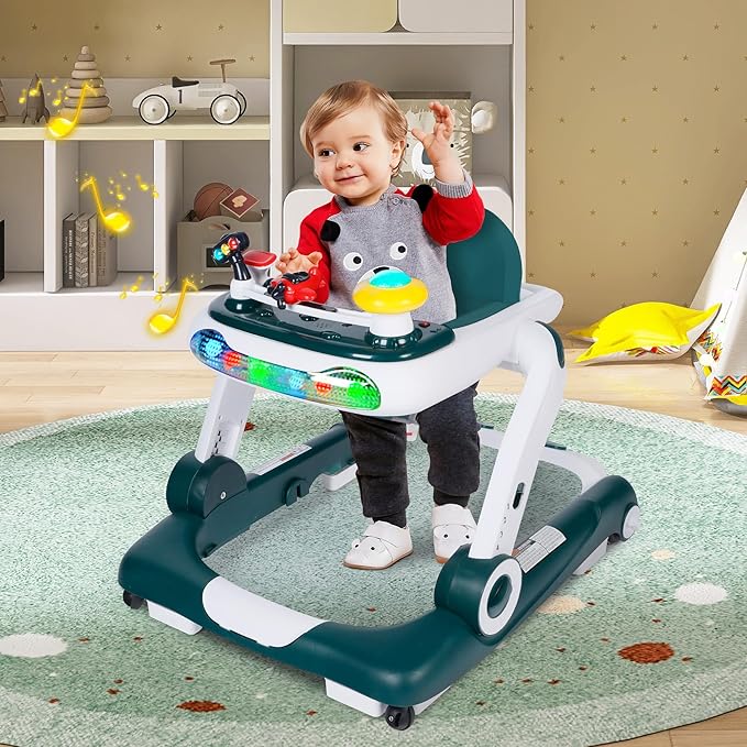TODEFULL 6 in 1 Baby Walker, Baby Activity Walker for Toddler, Push Walker w/Adjustable Height Speed, Learning-Seated & Walk-Behind, Infant Walker w/Feeding Tray & Music Toys, Green