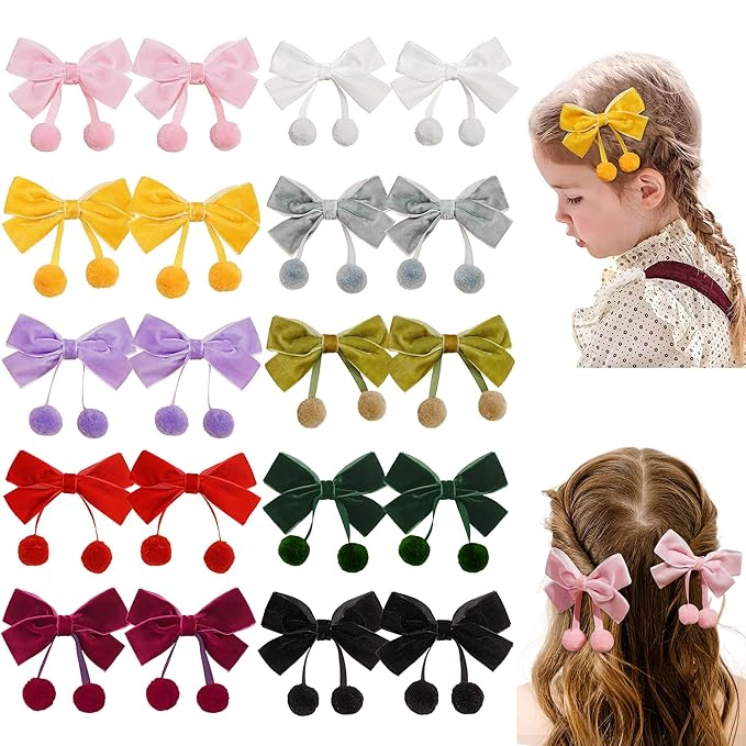 Velvet Bows Clips for Baby Girls, 20pcs 3.7inches Boutique Baby Hair Clips, Tassel Ball Hair Barrettes Alligators for Infants Toddlers Fine Hair