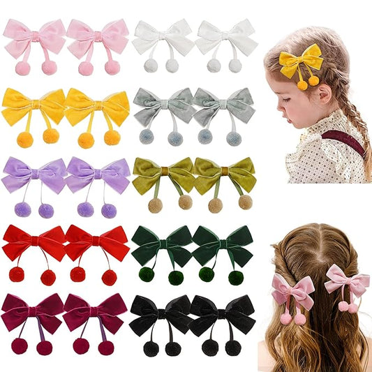 Velvet Bows Clips for Baby Girls, 20pcs 3.7inches Boutique Baby Hair Clips, Tassel Ball Hair Barrettes Alligators for Infants Toddlers Fine Hair