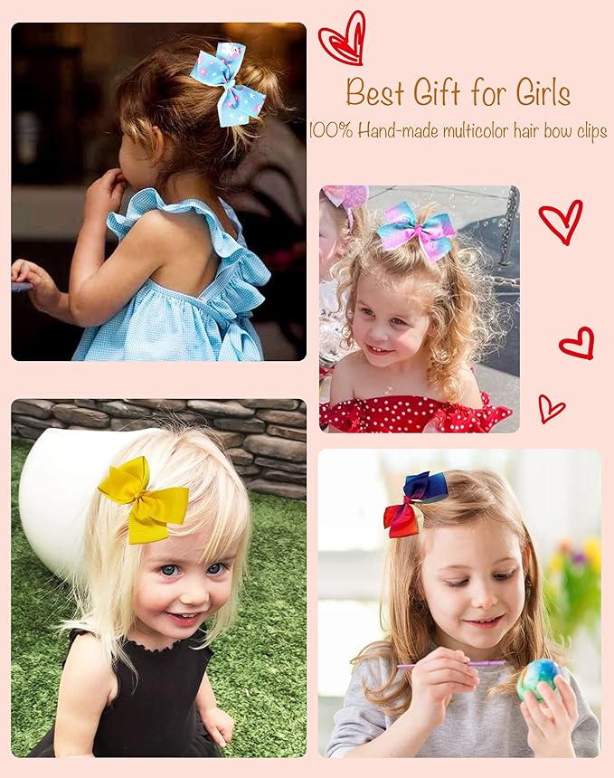18 Pcs 5 Inch Hair Bows for Girls,Colorful Rainbow Heart Girls Hair Bows Grosgrain Ribbon Hair Bow With Alligator Clips for Toddlers Little Girl Children Kids Teens