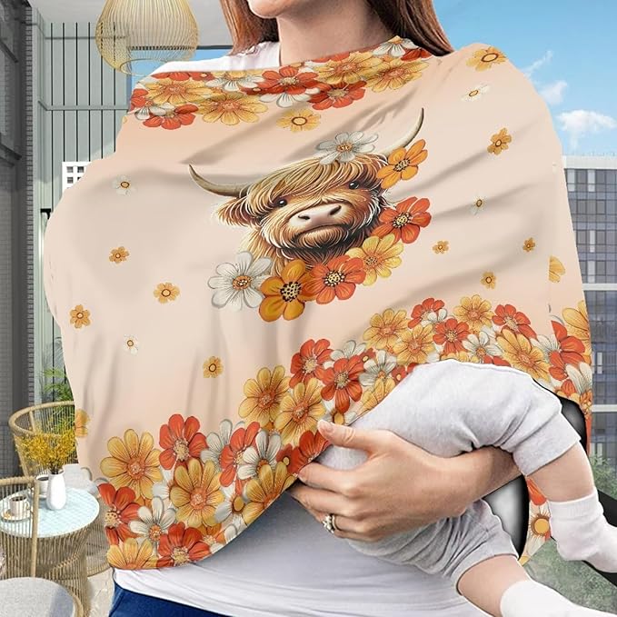 AFPANQZ Highland Cow Baby Car Seat Cover Canopy and Nursing Cover Infant Car Canopy Spring Autumn Winter Snug Warm Breathable Windproof Open Peep Top