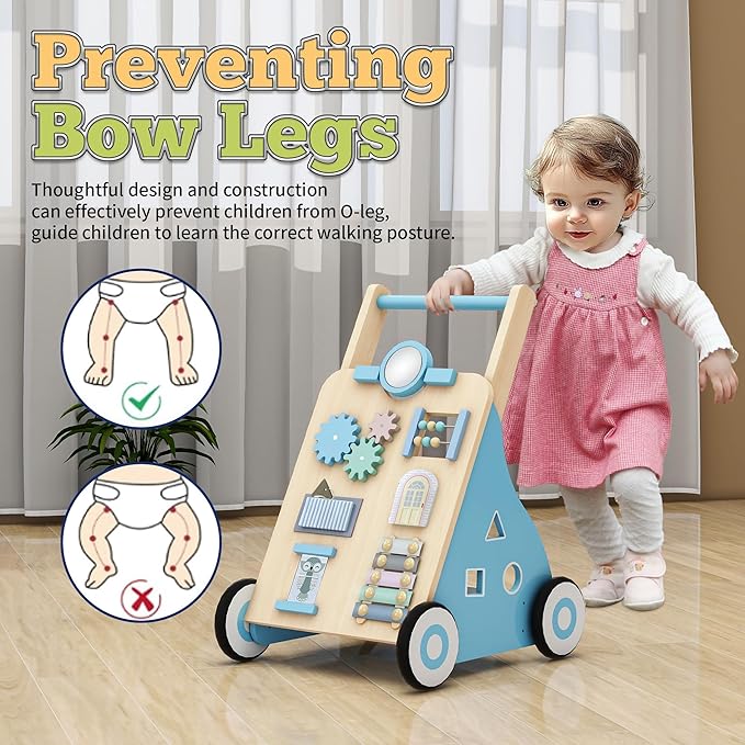 Baby Walker with Activity Center, Wooden Walker Toddler Push Walker Adjustable Height and Speed Montessori Walker Toy for Boys Girls Ages 9+ Months, Blue