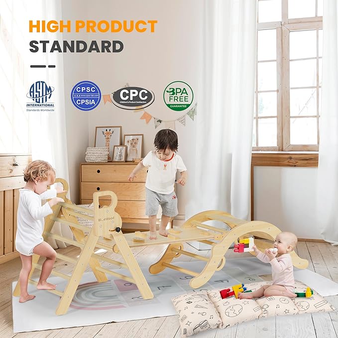 BlueWood Pikler Triangle Set with Cushion, 8-in-1 Climbing Toys for Toddlers, Montessori Philosophy Play Jungle Gym with Arch, Ramp, Ladder(Natural Wood)