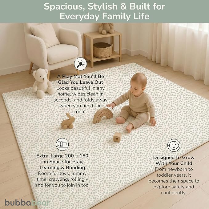 Bubba Bear Baby Play Mat, Thick Foam with Pattern Design, Foldable Waterproof Padded Crawling Mat for Babies (Green Spots, 47 x 35 Inches)