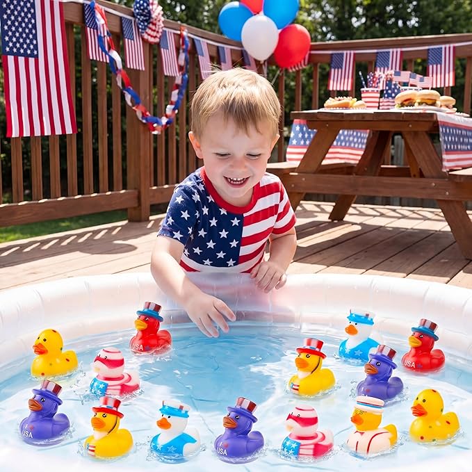 JOYIN 24 Pcs Patriotic Rubber Ducks, Red White Blue 4th of July Bulk Ducks with 8 Patriotic Designs, Independence Day Party Favor Gift Bath Toys for Kids Toddlers