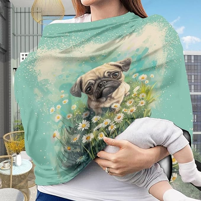 GIFTPUZZ Flower Pug Stretchy Car Seat Cover for Babies, Nursing Cover Breastfeeding Cover, Soft Breathable Infant Carseat Canopy, Shopping Cart/High Chair/Stroller Covers, All Weather Use