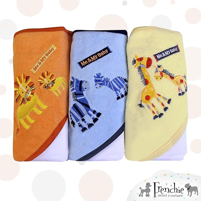 Frenchie Mini Couture, Hooded Bath Towels for Babies, 80% Cotton/20% Polyester, Animal Baby Bath Towel Set, Pack of 3