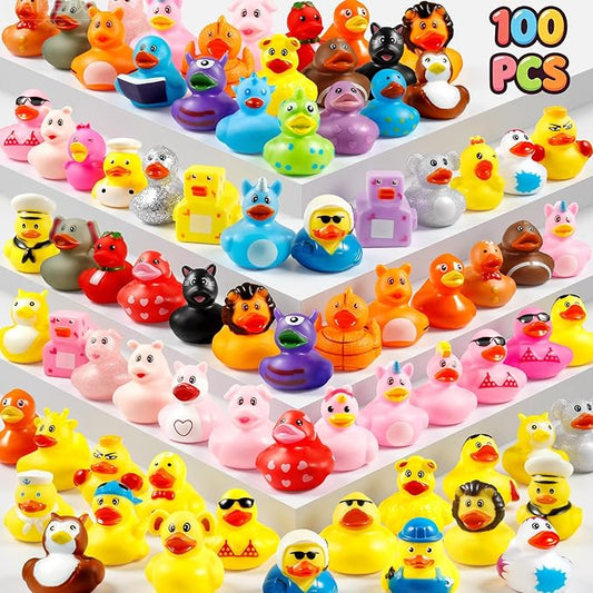 100 Pcs Rubber Ducks, Random Assortment Ducks Bulk for Jeeps Ducking, 2" Mini Rubber Duckies for Baby Toddler Bath Toys, Kids Pool Toys Birthday Gifts Party Favors