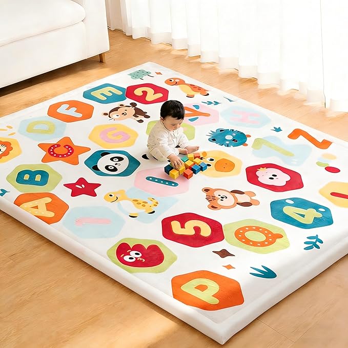 RONGFA Baby Play Mat for Floor,1.3" Thick Elasti-Foam Playpen Mat for Tummy Time, Easy Care with Non-Slip Cushioned for Infant,Kids and Toddler Crawling