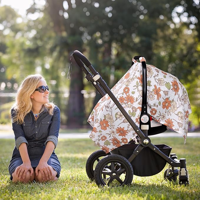 Metplus Car Seat Cover Baby Girl, 100% Muslin Cotton Infant Carseat Covers, Lightweight Breathable Car Seat Canopy, Summer Stroller Sun Shade, Newborn Travel Essentials