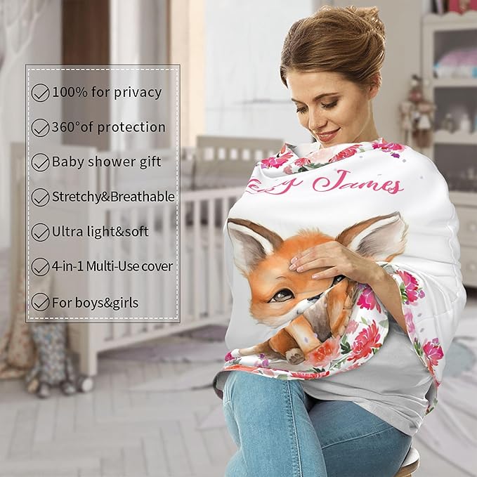 Personalized Car Seat Covers with Name, Fox Baby Canopy Carrier Cover, Breathable Breastfeeding Nursing Cover, Stretchy Multi-Use Infant Carseat Stroller Cover