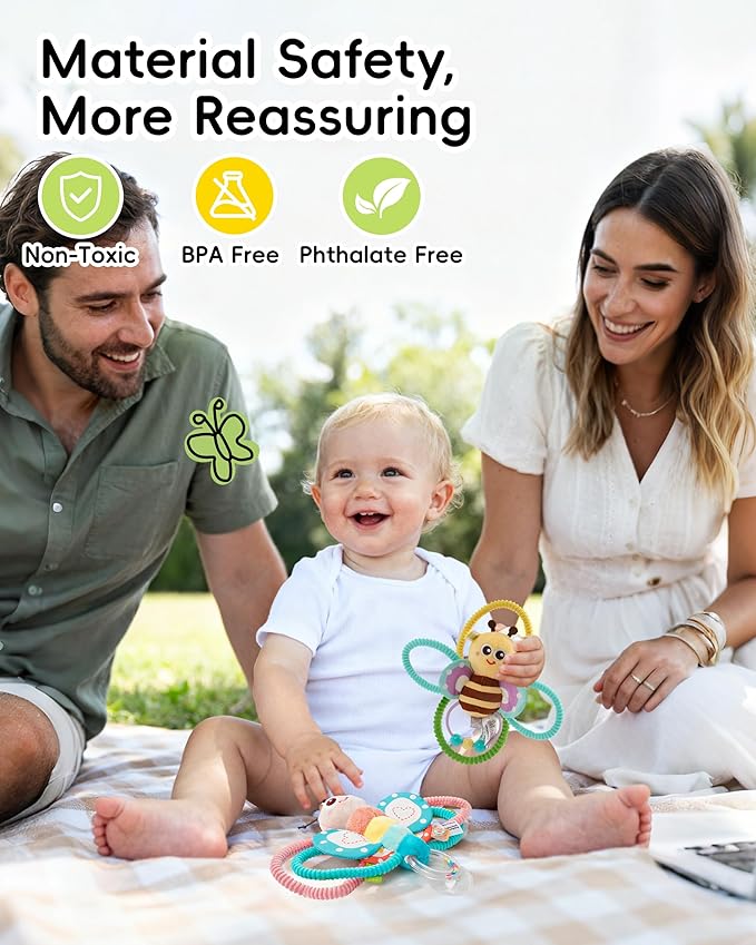 Jollybaby Soft Baby Rattles & Plush Rings Toy for Newborn 0-3-6-12 Months, Sensory Developmental Hand Teether Toys for Infant 0-2-4-7-8-9 Months, Baby Shower & Birthday Gifts - Bee