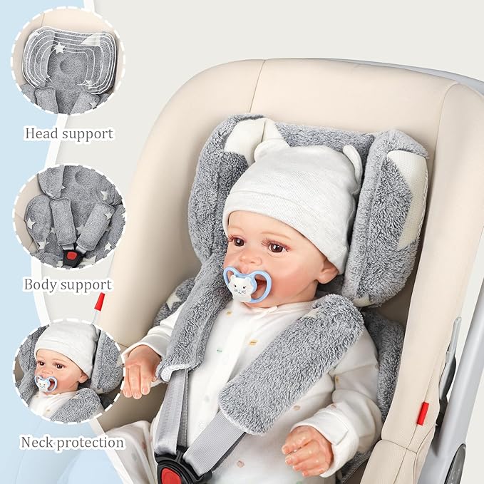 Infant Car Seat Insert Boys Girls, Soft Flannel Baby Head Support & 2 Strap Pads, Preemie Newborn Carseat Cushion Reversible & All Season for Stroller, Baby Swing, Rocker, Bassinets, Bouncer Gray Star