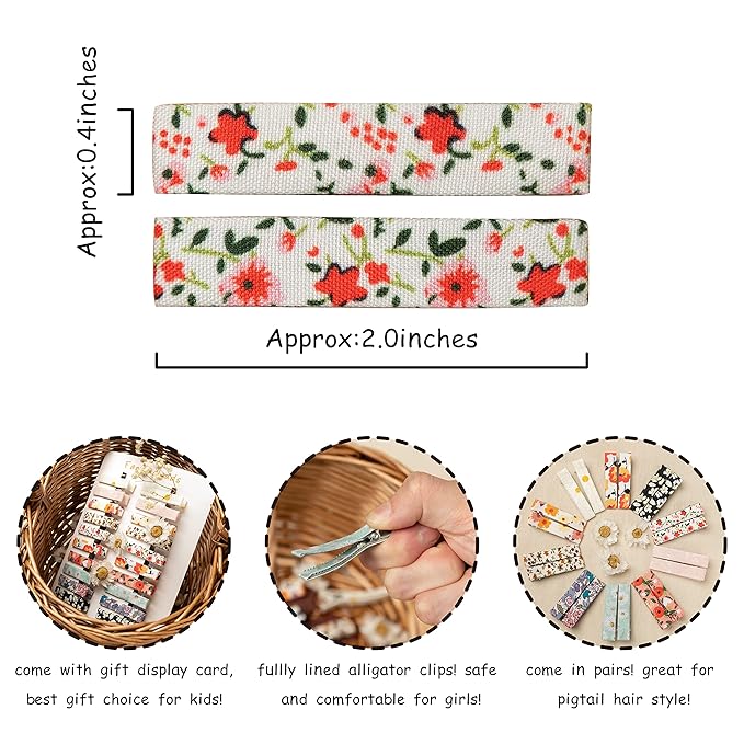 FANCY CLOUDS Hair Clips for Girls Women Toddler Baby,Assorted 20Pcs Flower Fabric Fully Lined Small Alligator Clips Hair Accessories for Teens Child Kids Gifts