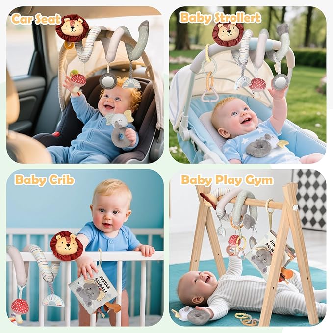 Joyreal Spiral Car Seat Toys with Jungle Soft Book, Plush Rattles and Linking Rings, Stroller & Travel Toy for Newborns and Infants 0-12 Months Girls Boys