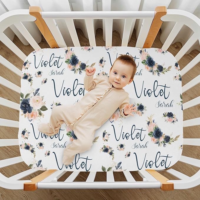 Personalized Pack 'n Play Sheets - Custom Floral Baby Mini Crib Sheets for Girls, Fitted Sheet with Name, Soft and Breathable Material