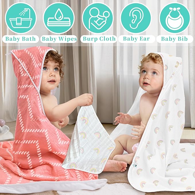 VOOVA & MOVAS 6 Pack 100% Muslin Cotton Baby Washcloths with Handing Loop | 13x13 Inches | Highly Absorbent | Ultra-Soft Newborn Burp Cloths | Perfect Set |Pink Geometry & Rainbow Patten
