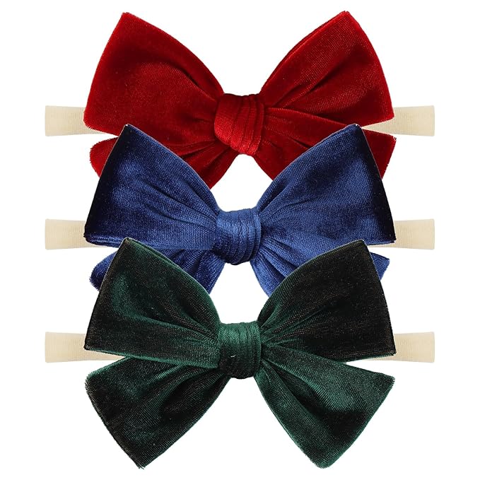 Baby Girls 4" Velvet Hairband Handmade Tied Bow Elastic Nylon Hair Accessories, 3 Pcs Red, Green, Dark Green