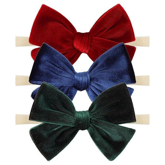 Baby Girls 4" Velvet Hairband Handmade Tied Bow Elastic Nylon Hair Accessories, 3 Pcs Red, Green, Dark Green