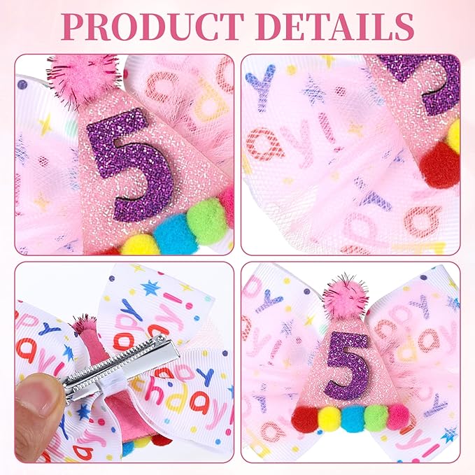 2Pcs Birthday Hair Bow for Baby Girls 1 2 3 4 5 6 Years, Pink Confetti Ice Cream Party Decorations, Sparkling Bows Hair Accessories for 5th Birthday