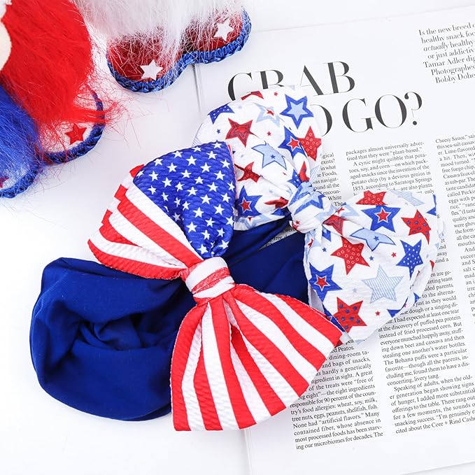 American Flag Headband with Red, White and Blue Patriotic Star Bows - Nylon Hairband for Girls and 4th July Accessories
