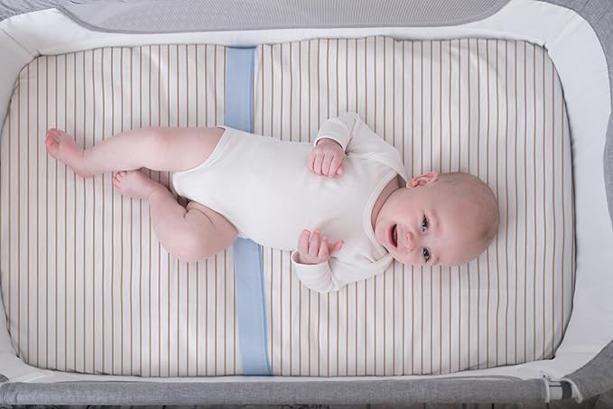 Meracorallo Muslin Mini Crib Sheet, Pack n Play Fitted Sheet, Soft and Breathable Pack and Play Playard Mattress Sheet for Baby Boys and Girls (Neutral Stripe)