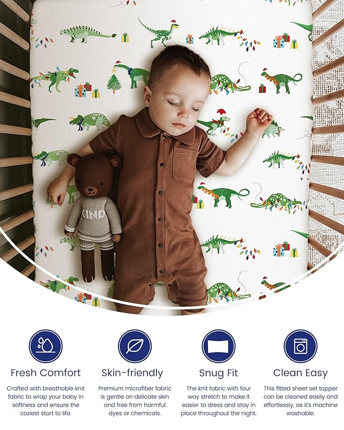Premium Soft Christmas Crib Sheet Fitted, Super Stretchy Jersey Christmas Crib Sheets for Boys, Silky Comfort Crib Mattress Sheet 2 Pack, X-Mas Dinosaur & Christmas Deco