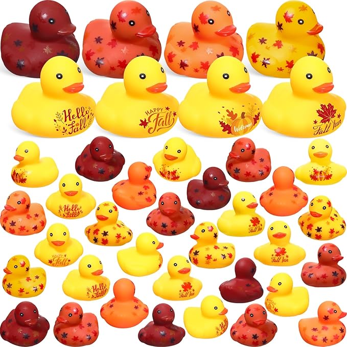 Hiboom 48 Pcs Thanksgiving Rubber Ducks 1.57 Inch Fall Rubber Duck with Leaf Pumpkin Printed Fall Themed Bathtub Toys Gifts Table Decor Thanksgiving Party Favor (Vibrant)