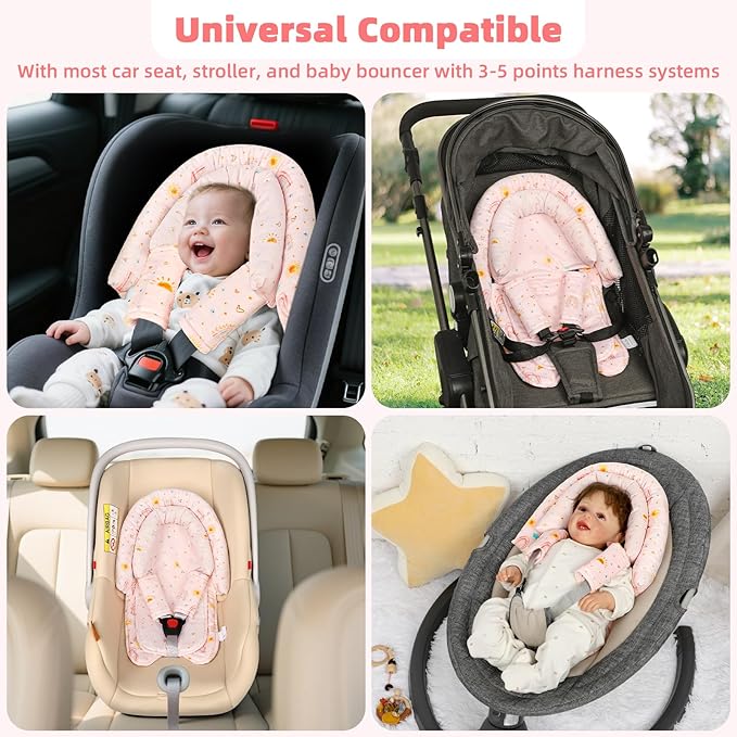2-in-1 Infant Car Seat Insert, Upgraded Newborn Carseat Insert, Breathable & Soft Baby Car Seat Head Support with 2 Strap Covers for Girls, Perfect for Carseat, Stroller, Swing, Pink
