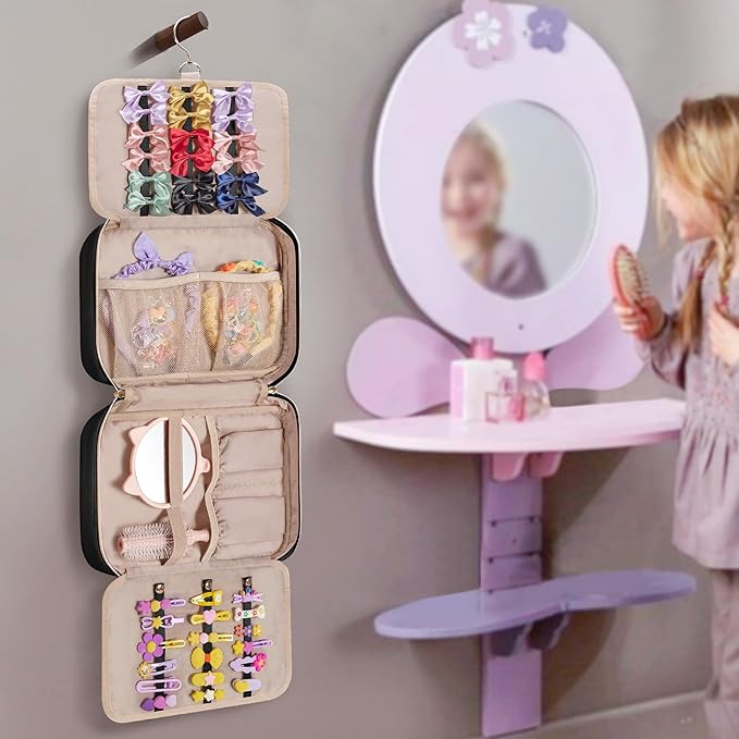Fasrom Hair Accessories Organizer for Girls, Hanging Hair Bow Storage Bag for Kids Hair Clips, Headband, Hair Ties and Scrunchies Holder, Black (Empty Bag)