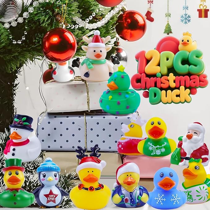 Christmas Rubber Ducks Bath Toys for Kids Boys Girls Toddlers, 2 Inch Christmas Stocking Stuffers Holiday Rubber Ducks Bath Toys Duckies Party Favors Gifts (12 Pack)