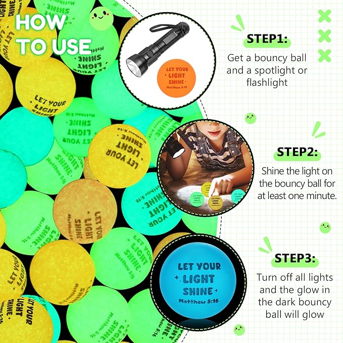 Seenelling 24 Pcs Christian Glow in The Dark Bouncy Balls Easter Jesus Bible Verse Rubber High Bouncing Balls Christian Party Favor Religious Classroom Gifts (Bible,Mix Color)