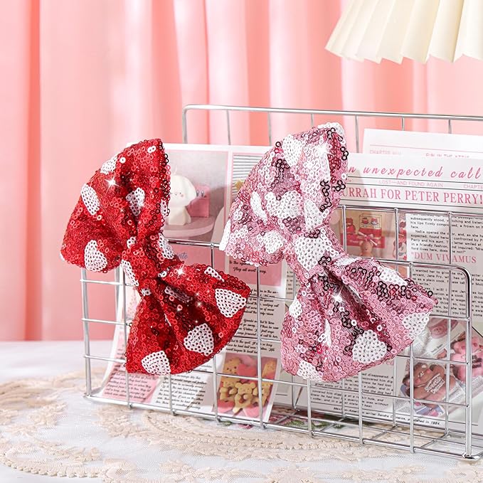 Valentine's Day 5 Inch Glitter Hair Bows Clips Large Sequins Bow Hair Clips Red Pink Love Heart Hair Barrettes Hair Accessories for Girls Children Kids 2Pcs