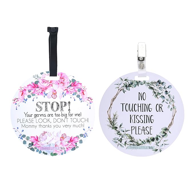 (Three Little Tots) No Touching Baby Car Seat and Stroller Two Pack- Baby Safety No Touching Car Seat Sign, Stroller Sign, Newborn Car Seat Tag- CPSIA Safety Tested (Flower/Eucalyptus)