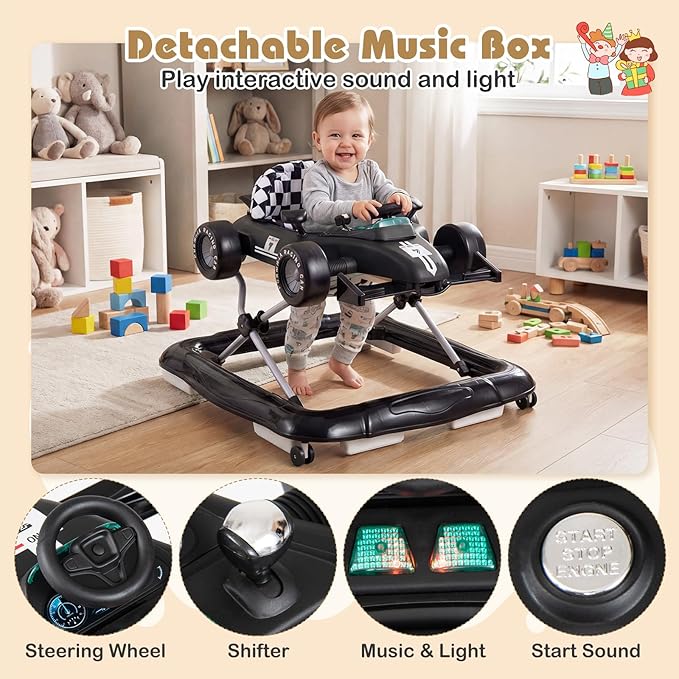BABY JOY 4-in-1 Baby Walker, Foldable Activity Walker with Push Mode, Adjustable Height, Lights, Anti-Rollover, Baby Walker with Wheels for Boys Girls 6-18 Months (Black)
