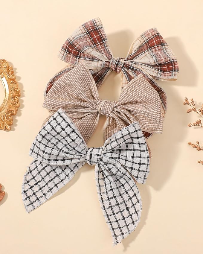 doboi 8PCS Baby Girls Hair Clips Fable Hair Bows Cotton Linen Bows for Girls Hair Accessories for Baby Girl Toddlers Kids-Grid