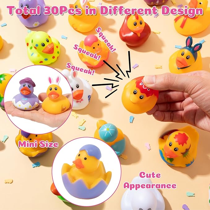Haooryx Easter Rubber Duck Toys - 30Pcs Novelty Rabbit Squeeze Duck Bulk Cute Assorted Duckies Bath Toy Bathtub Decoration for Baby Shower Easter Egg Hunt Game Prizes Birthday Gift Spring Party Favors