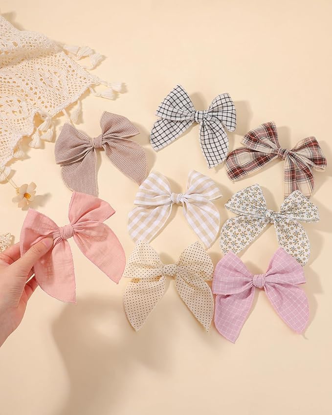 doboi 8PCS Baby Girls Hair Clips Fable Hair Bows Cotton Linen Bows for Girls Hair Accessories for Baby Girl Toddlers Kids-Grid