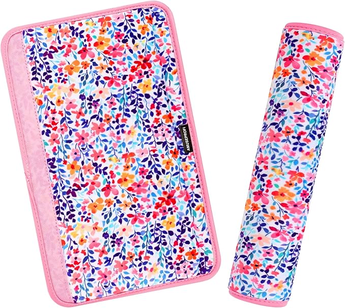2 Pcs Plush Universal Seat Belt Cover Pad - 2-in-1 Soft Bag Handle Sleeve, Skin-Friendly & Breathable, Machine Washable, Cute Designs for Men Women Kids Car Accessories, Flower