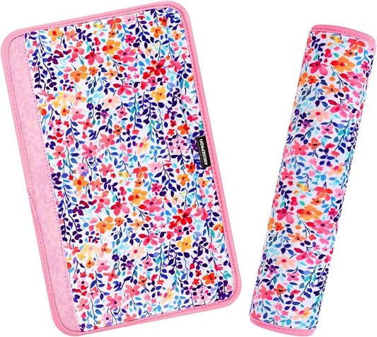 2 Pcs Plush Universal Seat Belt Cover Pad - 2-in-1 Soft Bag Handle Sleeve, Skin-Friendly & Breathable, Machine Washable, Cute Designs for Men Women Kids Car Accessories, Flower