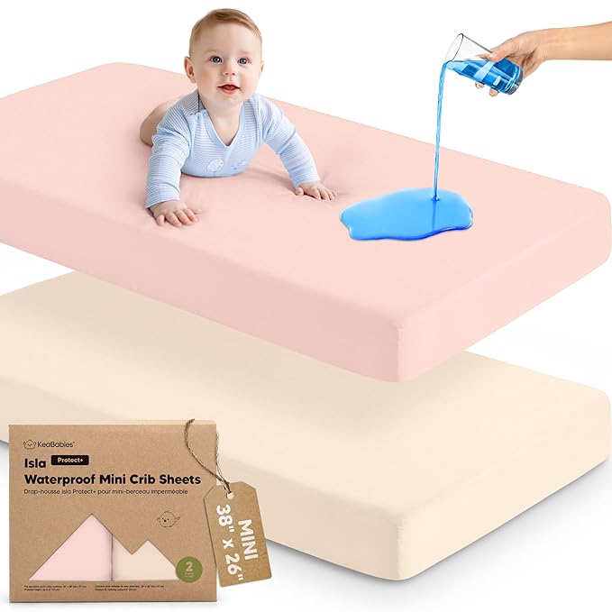 2-Pack Waterproof Pack and Play Sheets, Mini Crib Sheets Fitted for Boy, Girl - 38 x 26 Viscose from Bamboo Pack N Play Mattress Sheets for Graco, Toddler Playard Baby Crib Sheets Neutral (Cameo)